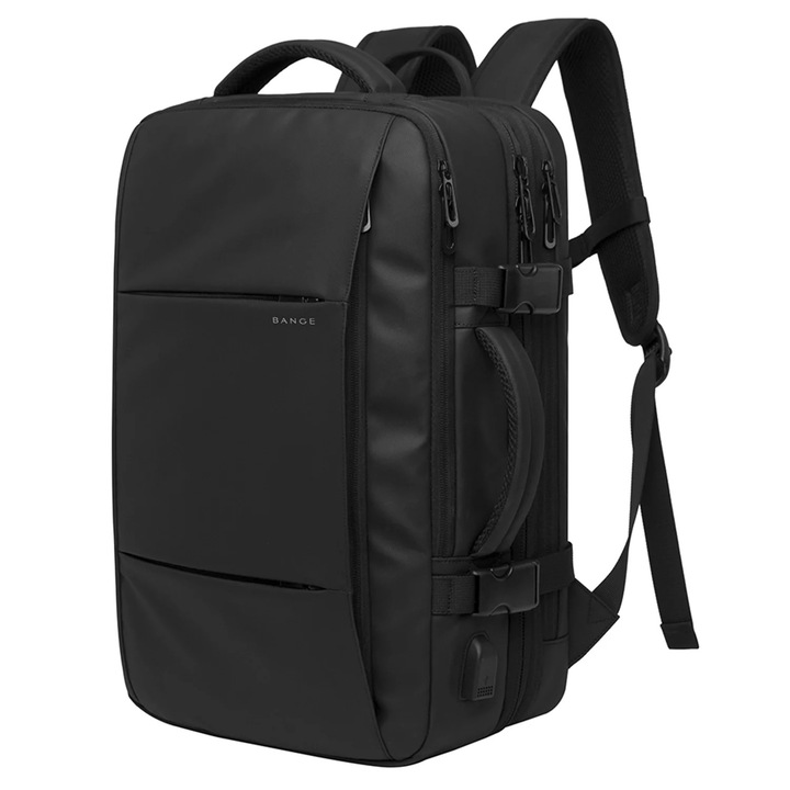 Rucsac pentru laptop 17.3" Bange, extensibil, cu port USB, impermeabil, 52x34x13cm, negru