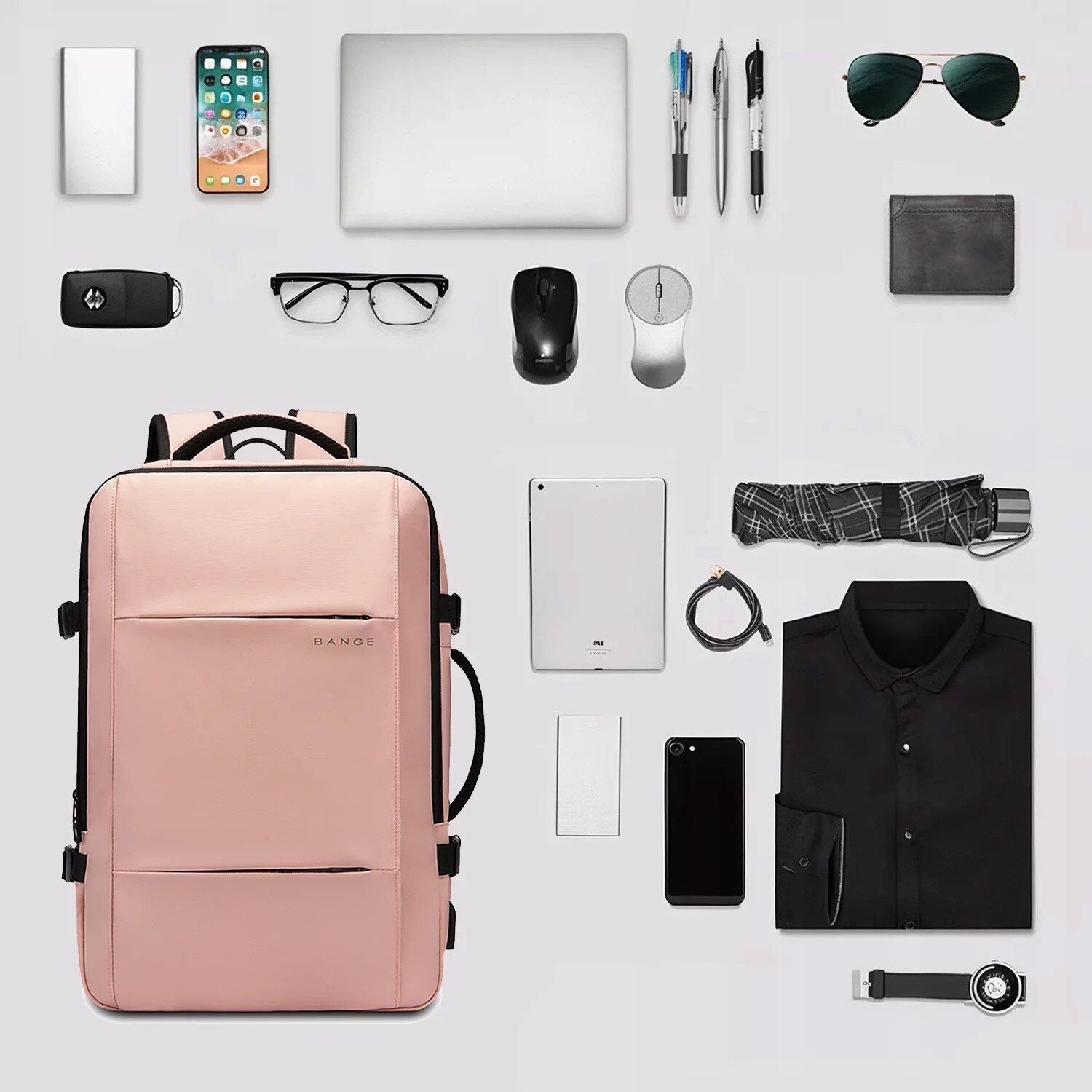 Rucsac calatorie Bange, roz, extensibil, cu port USB, pentru laptop 17.3", 52x34x13cm