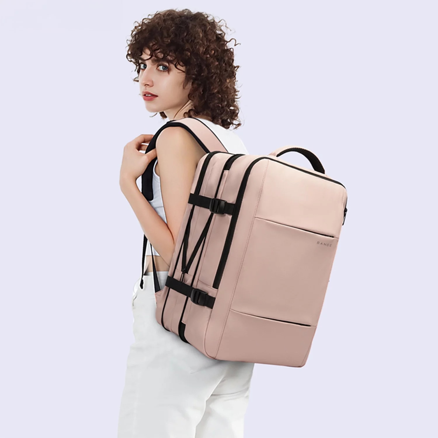 Rucsac calatorie Bange, roz, extensibil, cu port USB, pentru laptop 17.3", 52x34x13cm