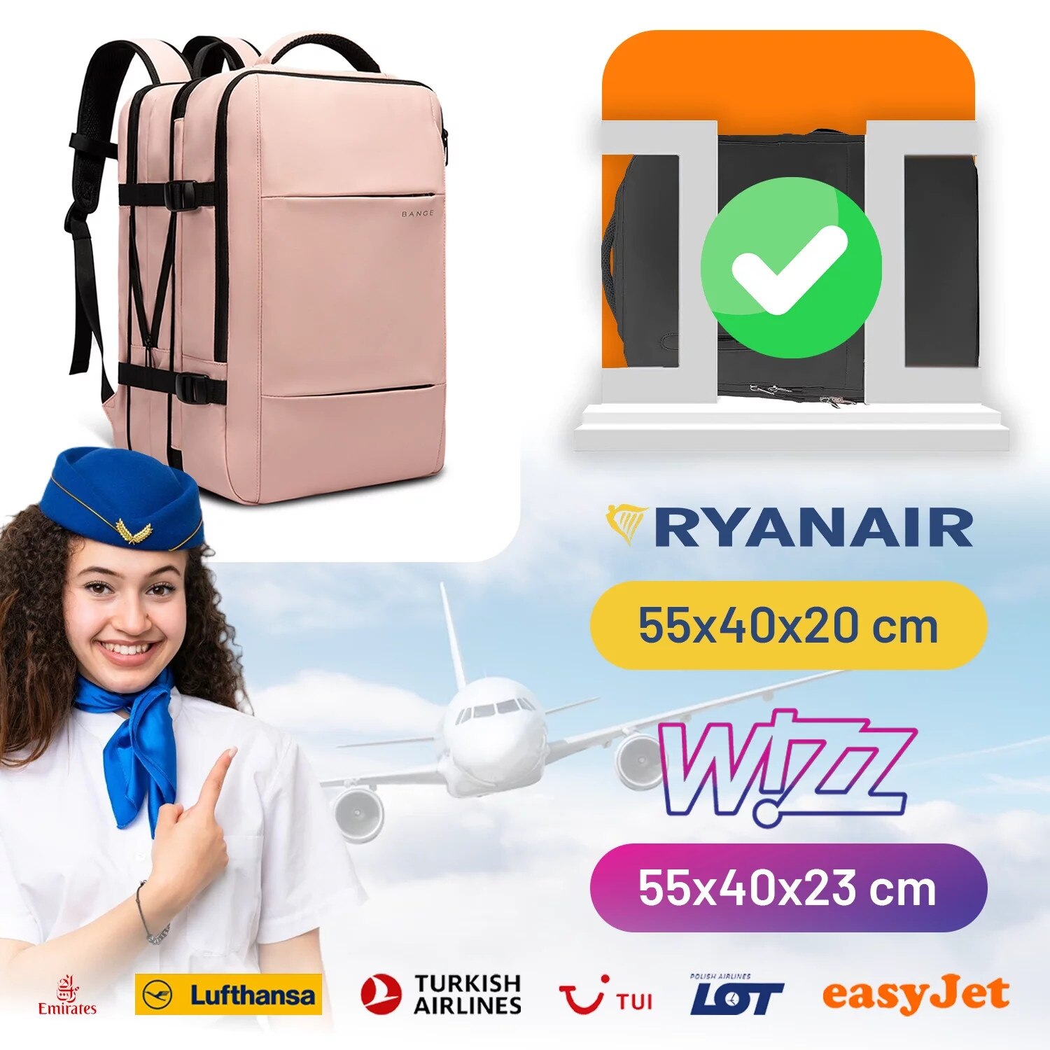 Rucsac calatorie Bange, roz, extensibil, cu port USB, pentru laptop 17.3", 52x34x13cm