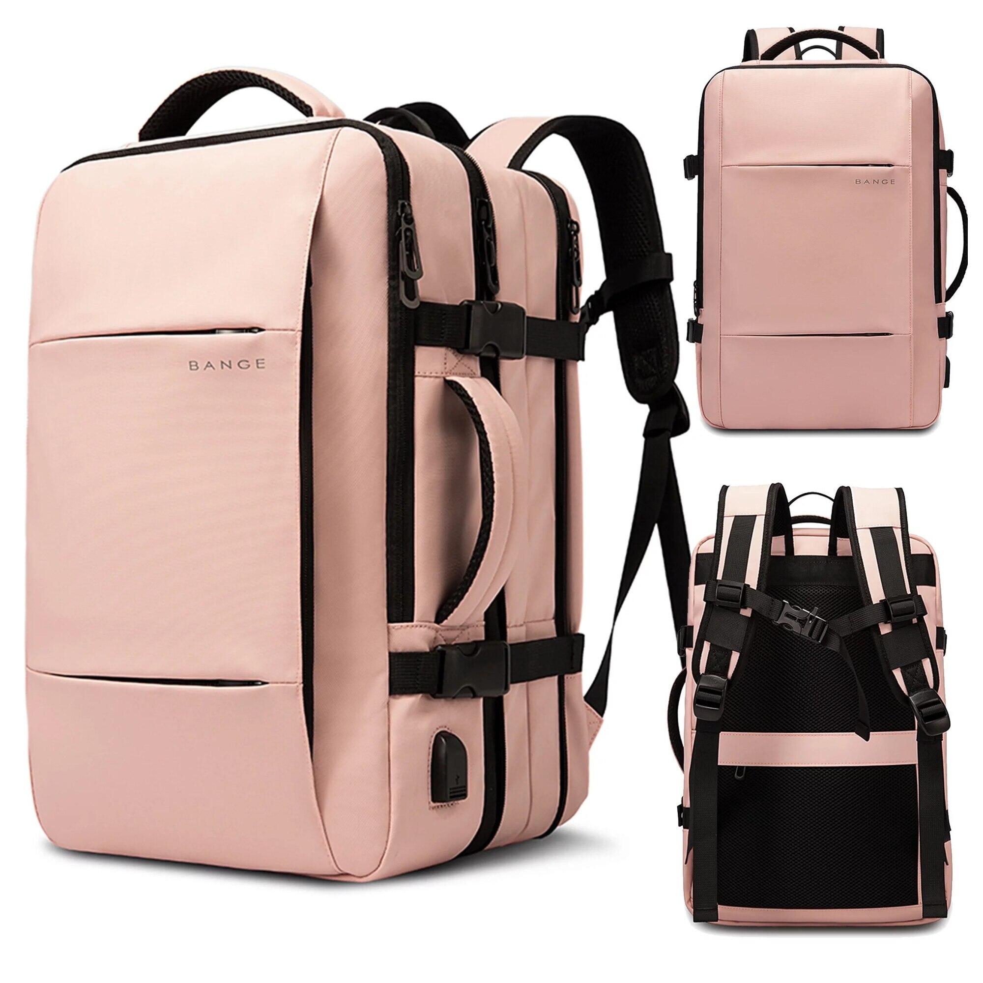 Rucsac calatorie Bange, roz, extensibil, cu port USB, pentru laptop 17.3", 52x34x13cm