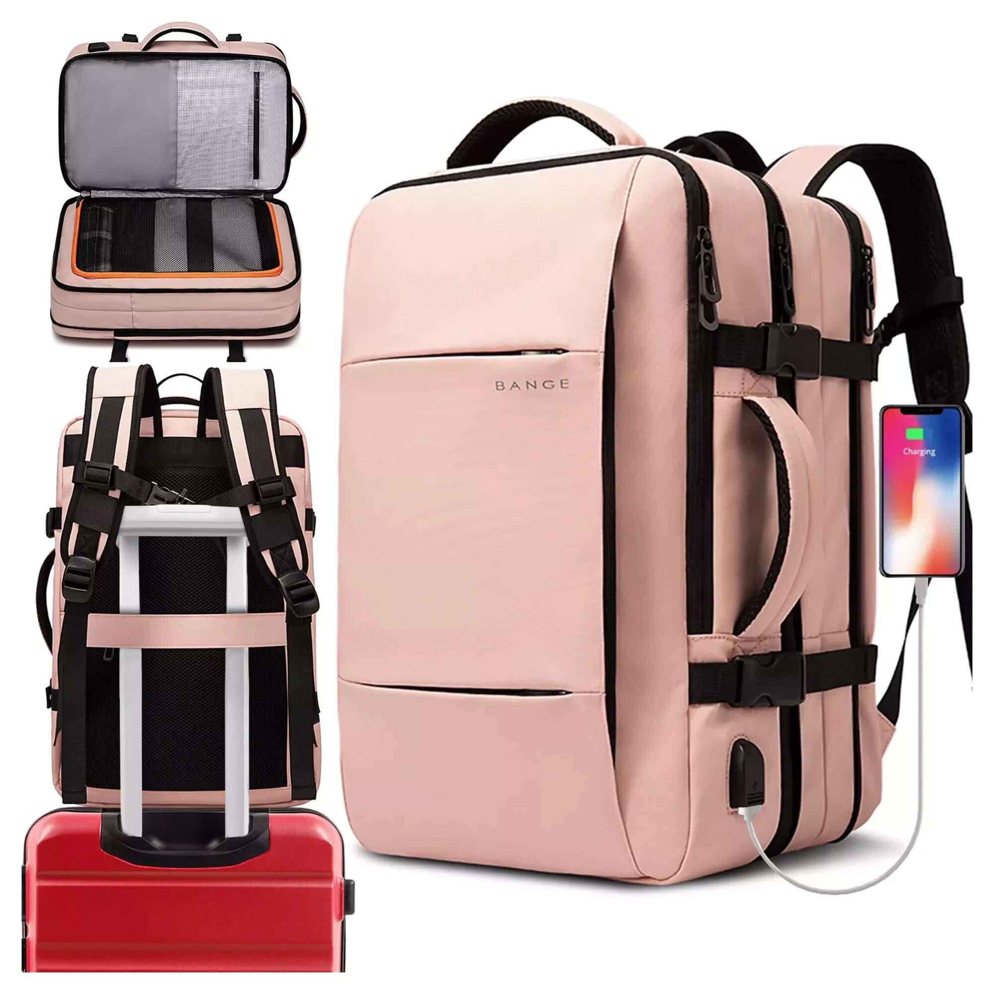 Rucsac calatorie Bange, roz, extensibil, cu port USB, pentru laptop 17.3", 52x34x13cm