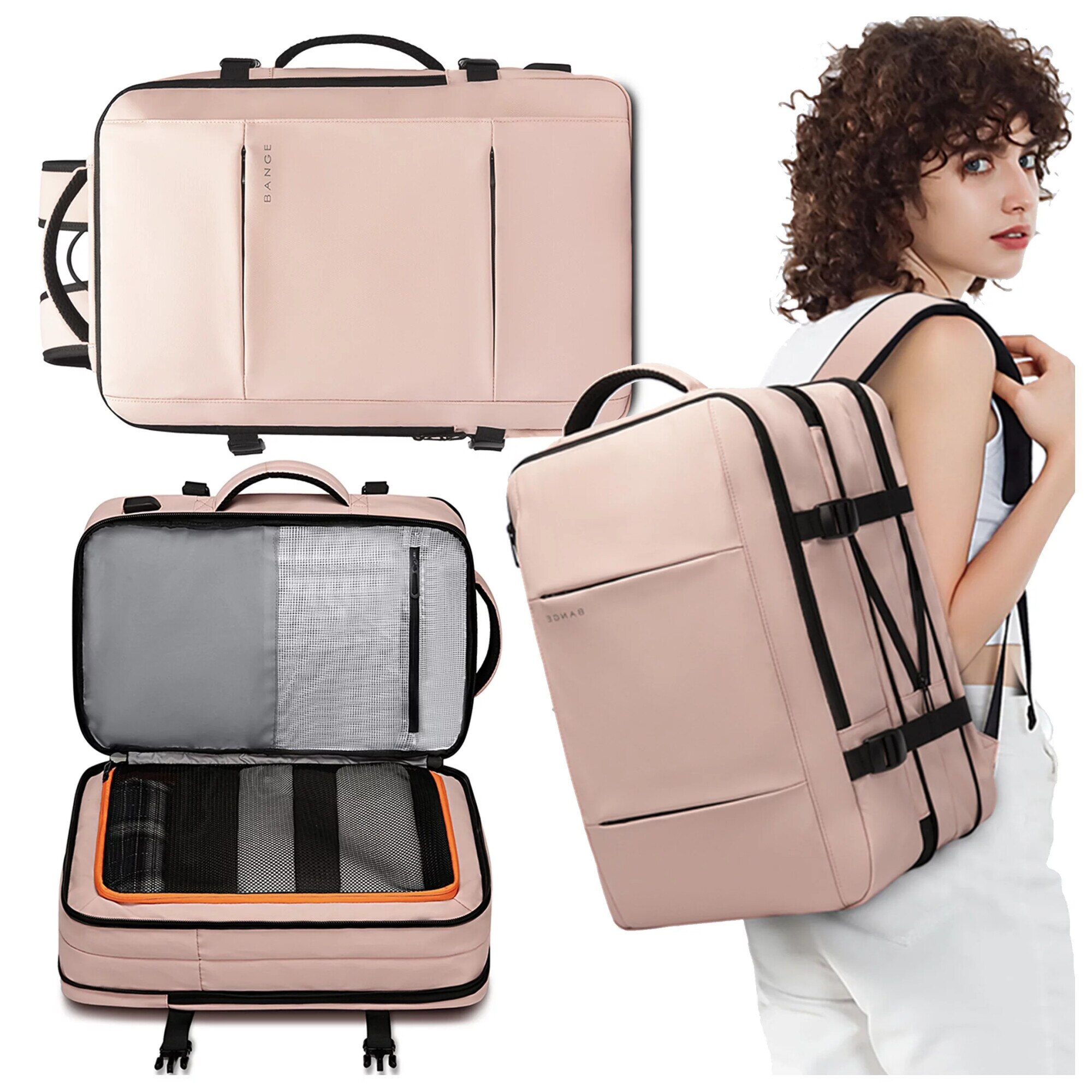 Rucsac calatorie Bange, roz, extensibil, cu port USB, pentru laptop 17.3", 52x34x13cm