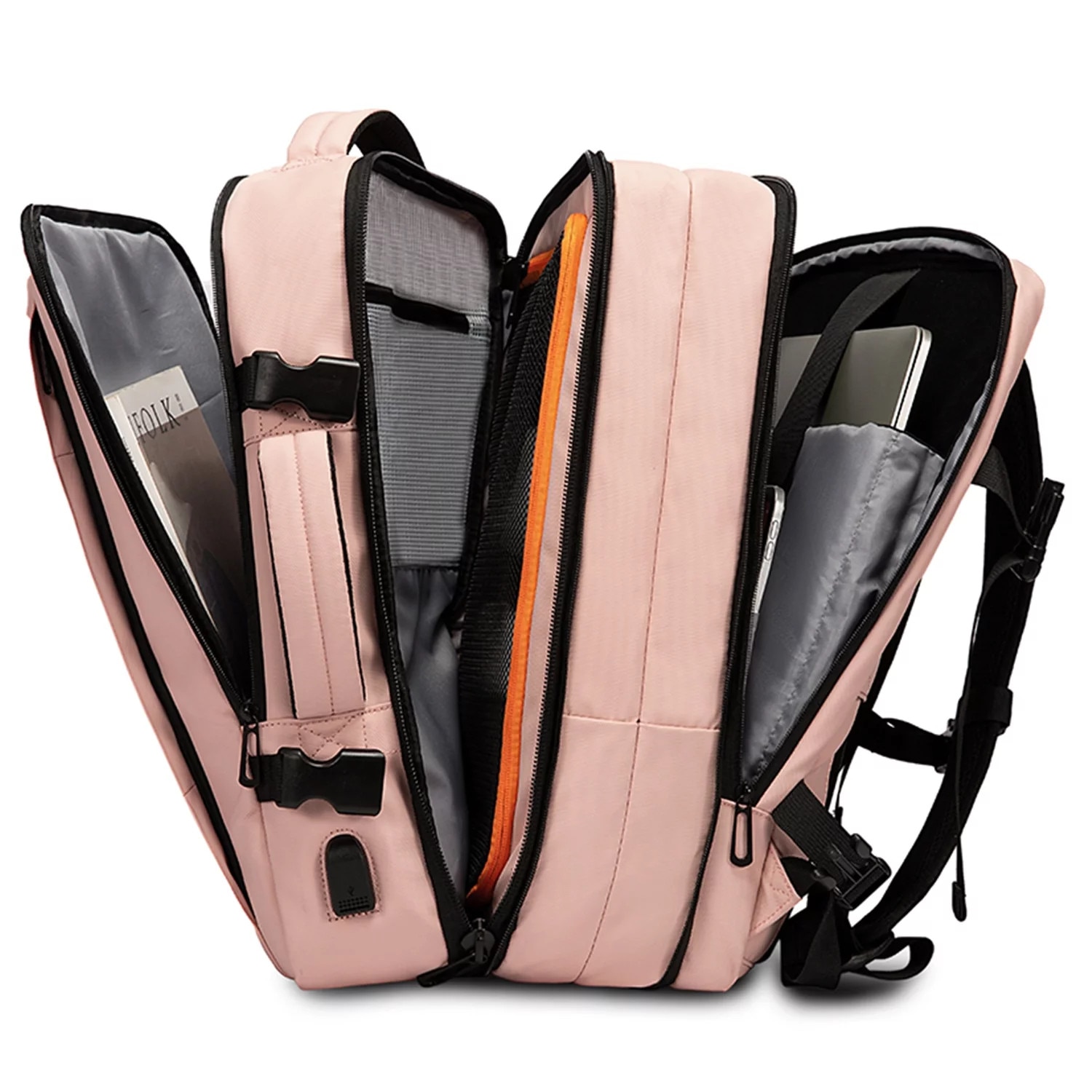 Rucsac calatorie Bange, roz, extensibil, cu port USB, pentru laptop 17.3", 52x34x13cm