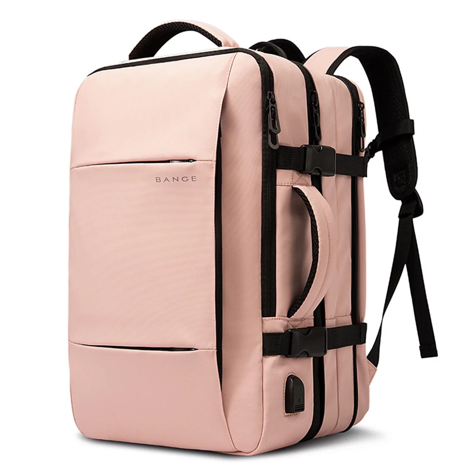 Rucsac calatorie Bange, roz, extensibil, cu port USB, pentru laptop 17.3", 52x34x13cm