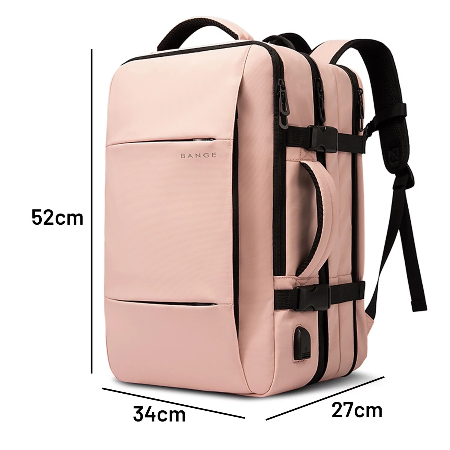 Rucsac calatorie Bange, roz, extensibil, cu port USB, pentru laptop 17.3", 52x34x13cm