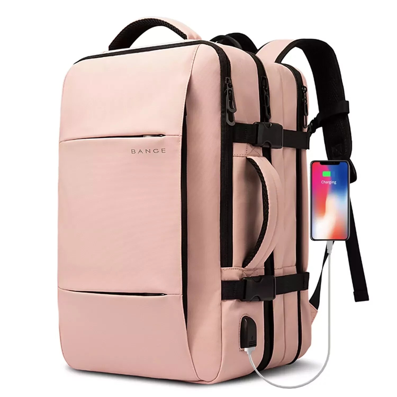 Rucsac calatorie Bange, roz, extensibil, cu port USB, pentru laptop 17.3", 52x34x13cm