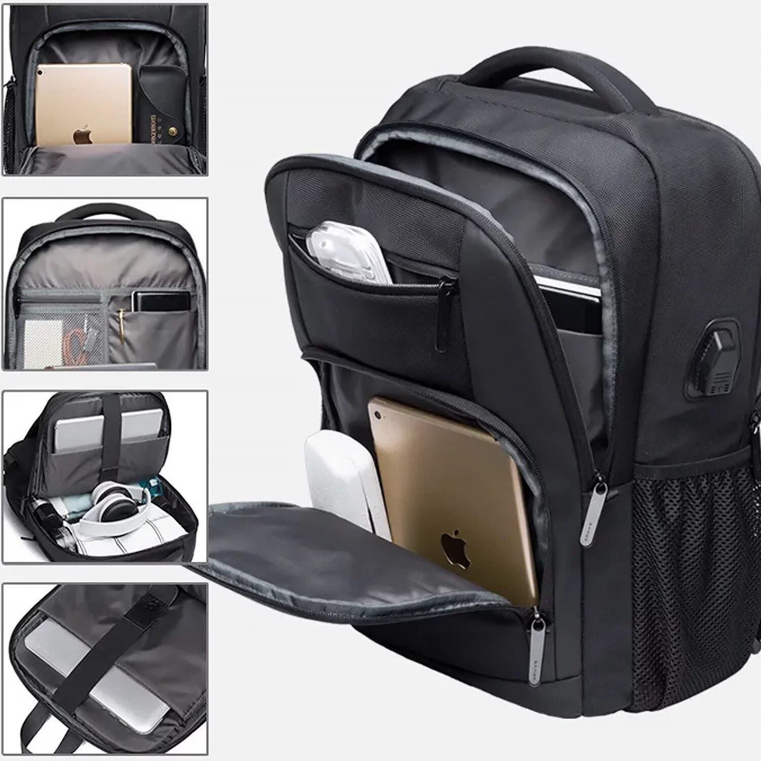 Rucsac waterproof pentru laptop 15,6" Bange, 45x30x16 cm, negru, cu port USB, capacitate 35 litri