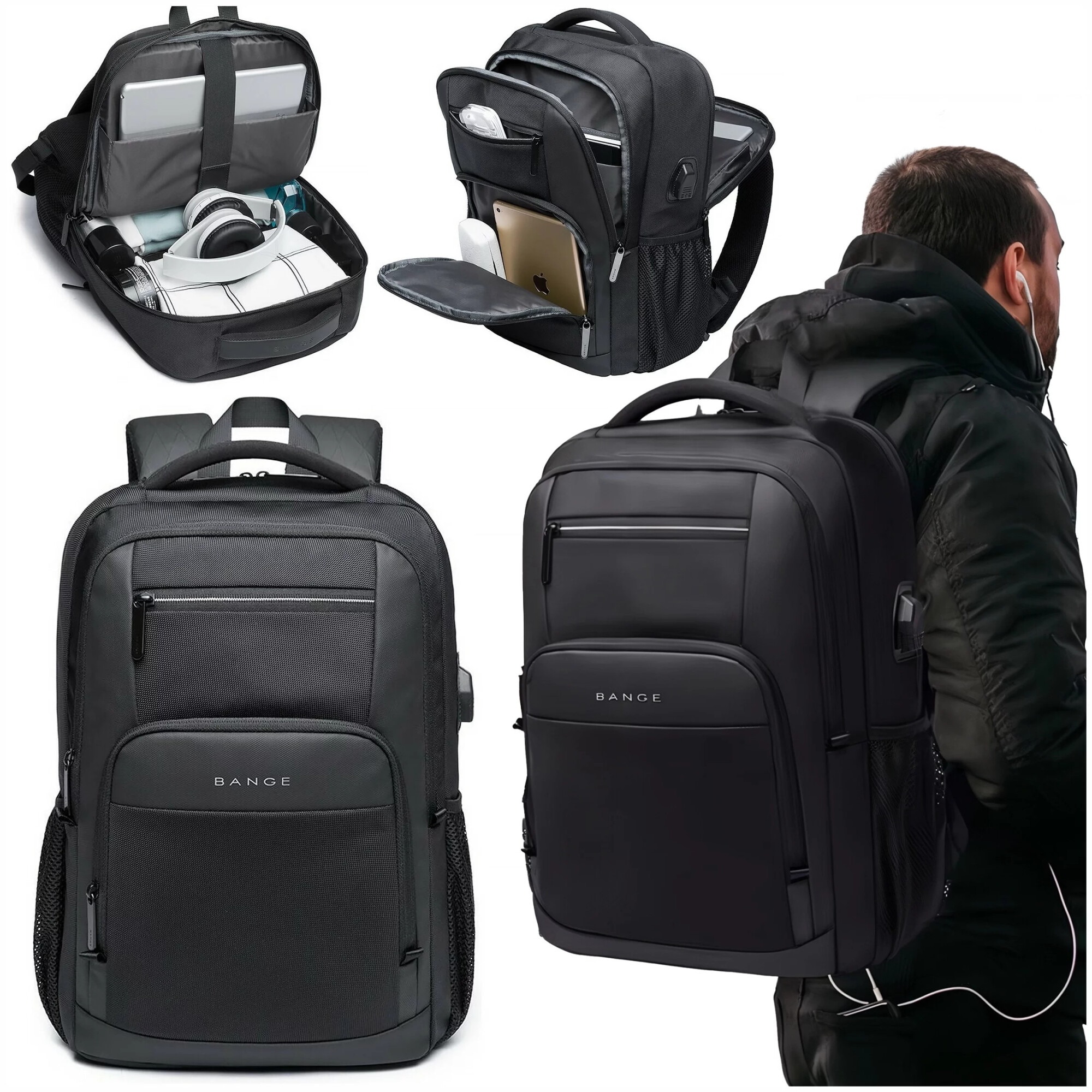 Rucsac waterproof pentru laptop 15,6" Bange, 45x30x16 cm, negru, cu port USB, capacitate 35 litri
