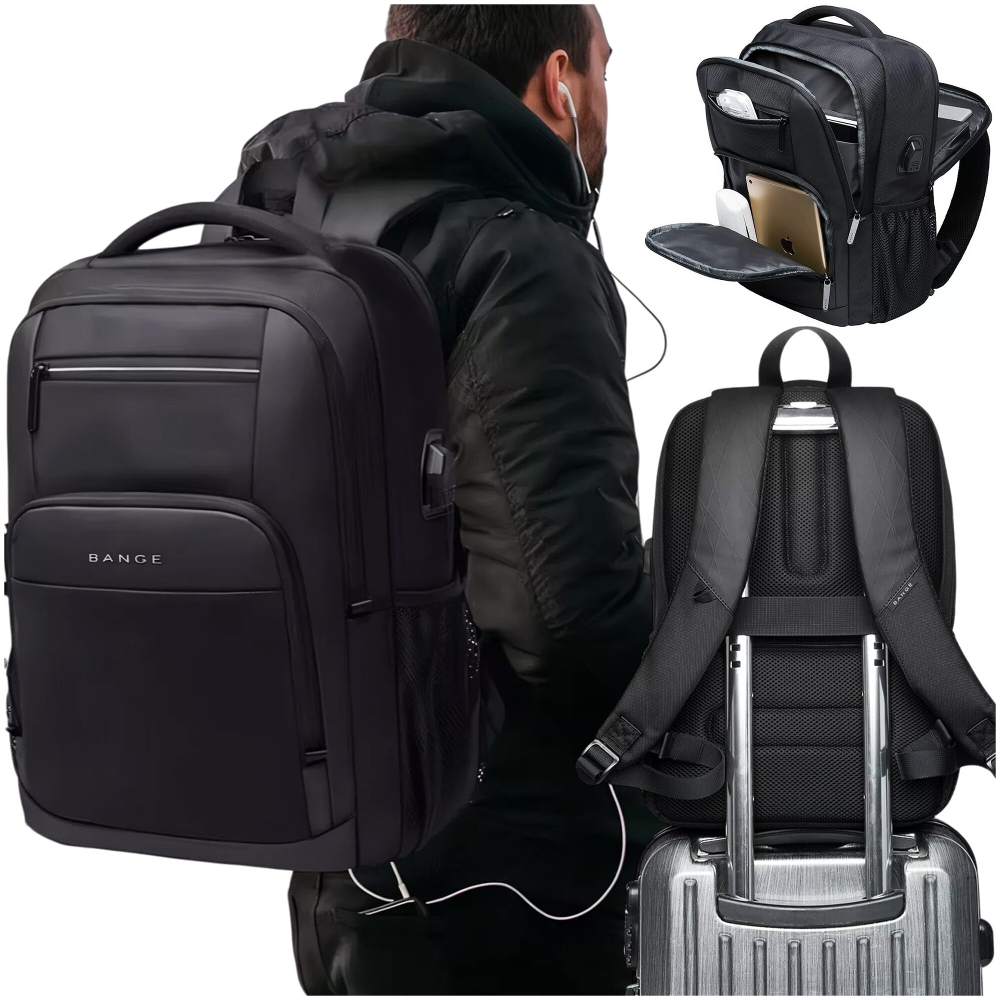 Rucsac waterproof pentru laptop 15,6" Bange, 45x30x16 cm, negru, cu port USB, capacitate 35 litri