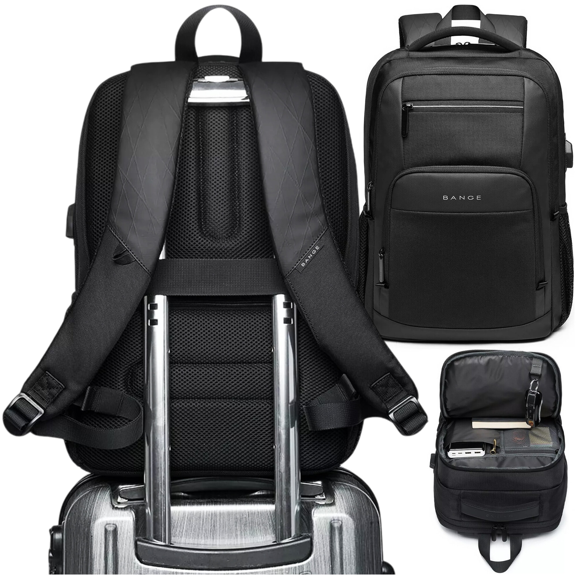 Rucsac waterproof pentru laptop 15,6" Bange, 45x30x16 cm, negru, cu port USB, capacitate 35 litri