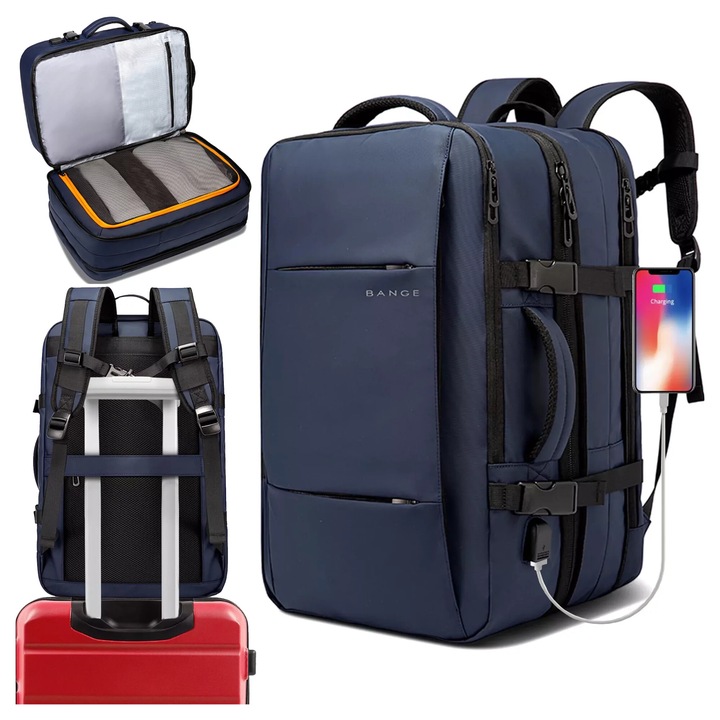 Rucsac calatorie Bange, waterproof, extensibil, cu port USB, 47x31x15-25 cm, albastru