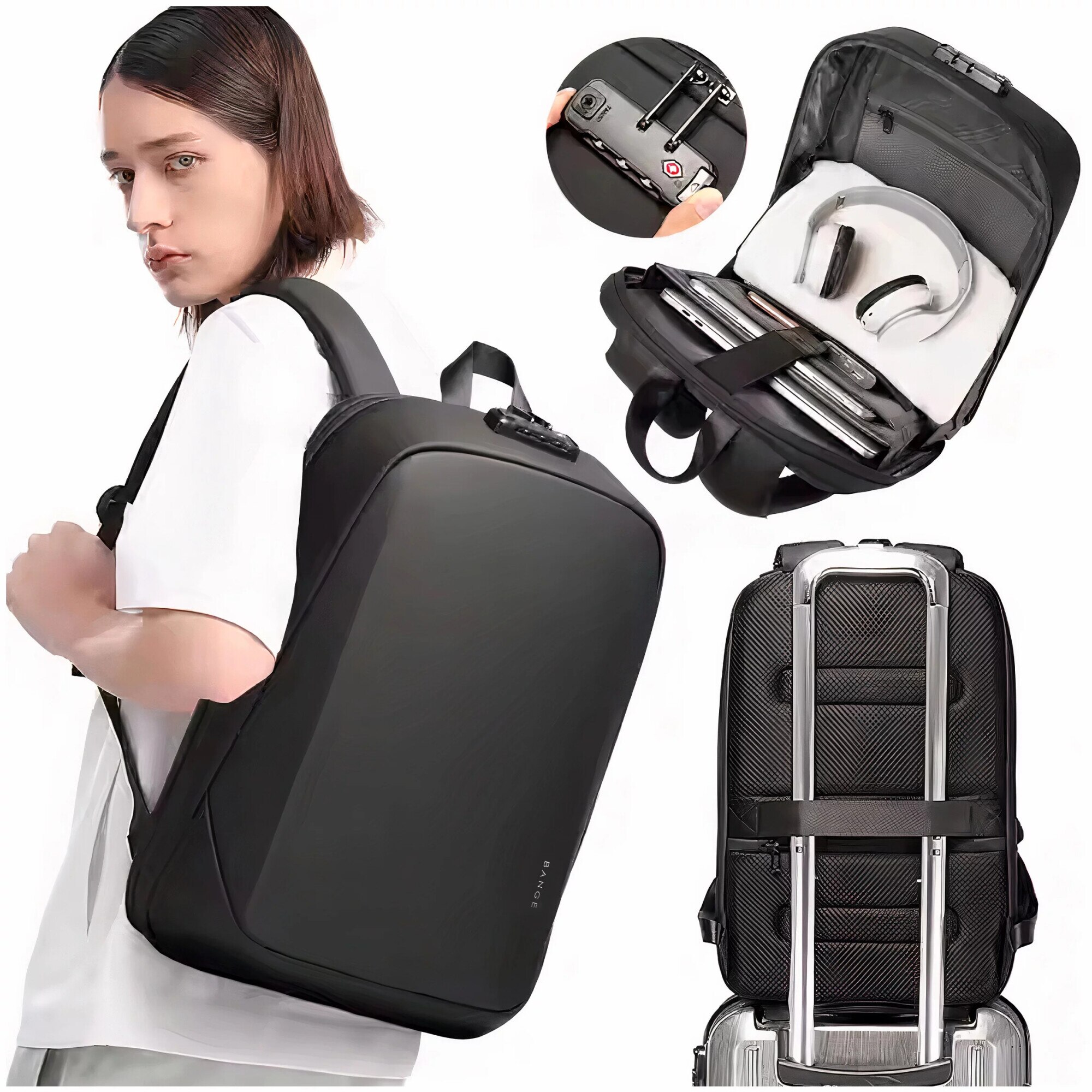 Rucsac waterproof Bange 15.6", 47x12.5x30cm, negru, capacitate 18 litri, sistem antifurt cu inchidere TSA