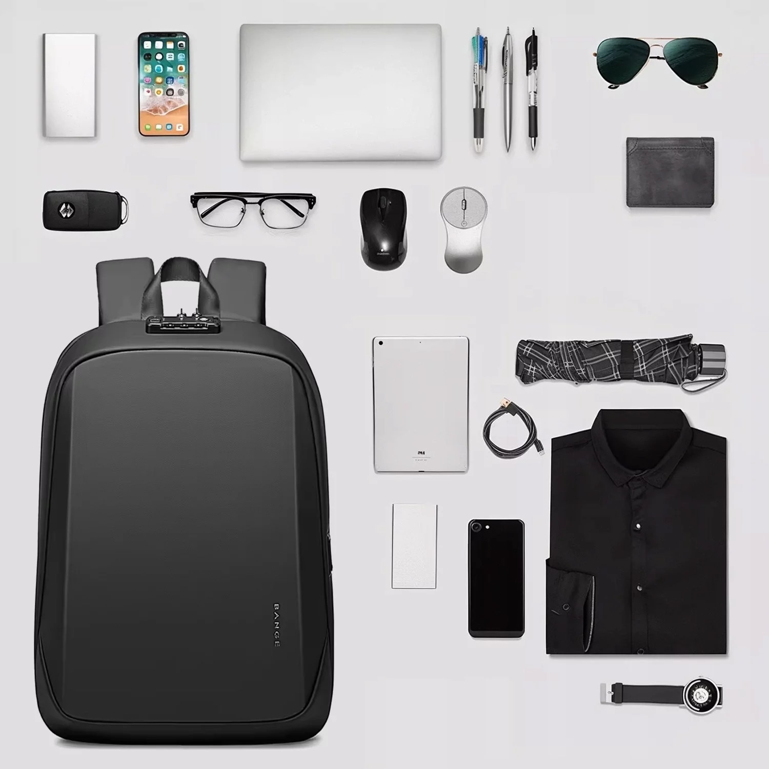 Rucsac waterproof Bange 15.6", 47x12.5x30cm, negru, capacitate 18 litri, sistem antifurt cu inchidere TSA