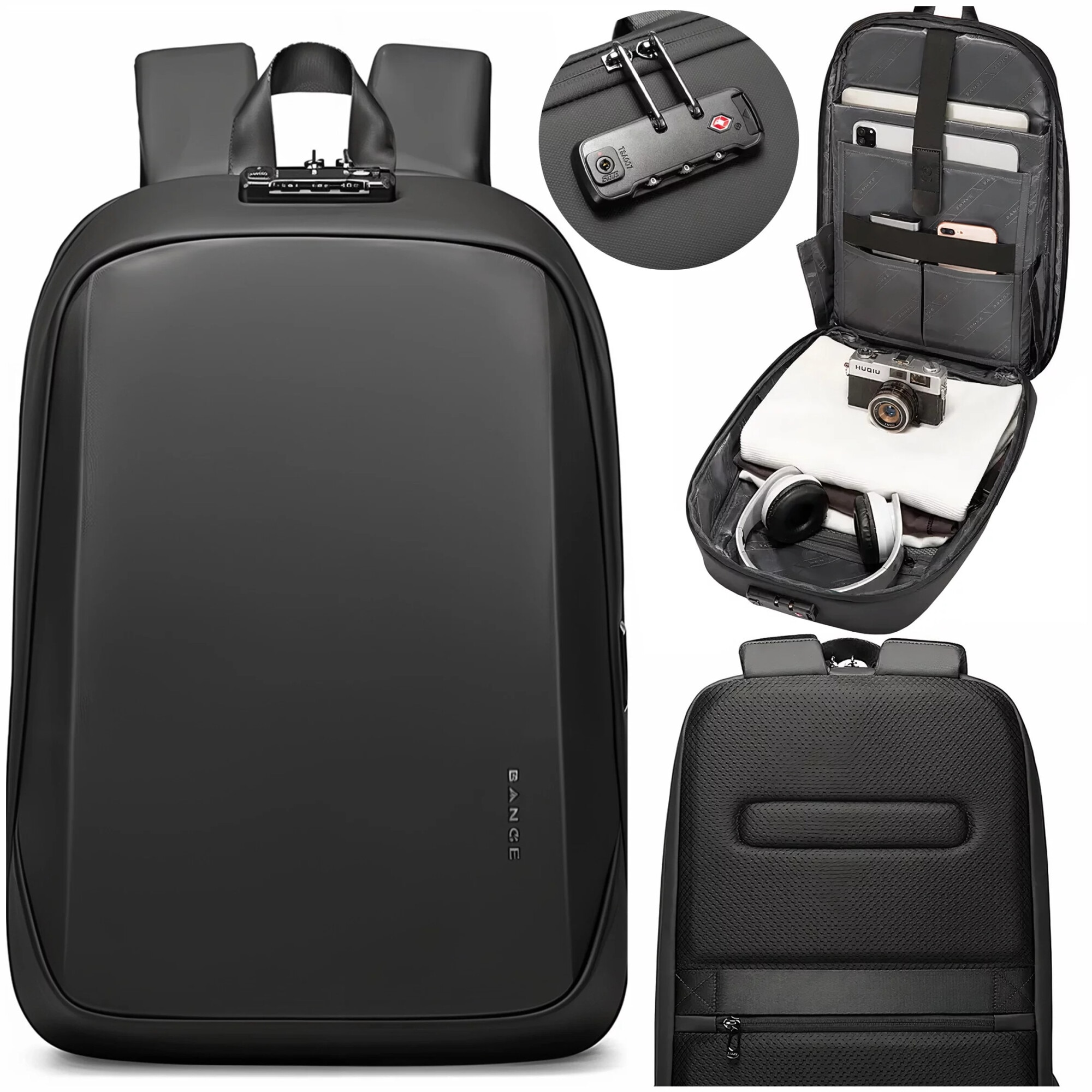 Rucsac waterproof Bange 15.6", 47x12.5x30cm, negru, capacitate 18 litri, sistem antifurt cu inchidere TSA