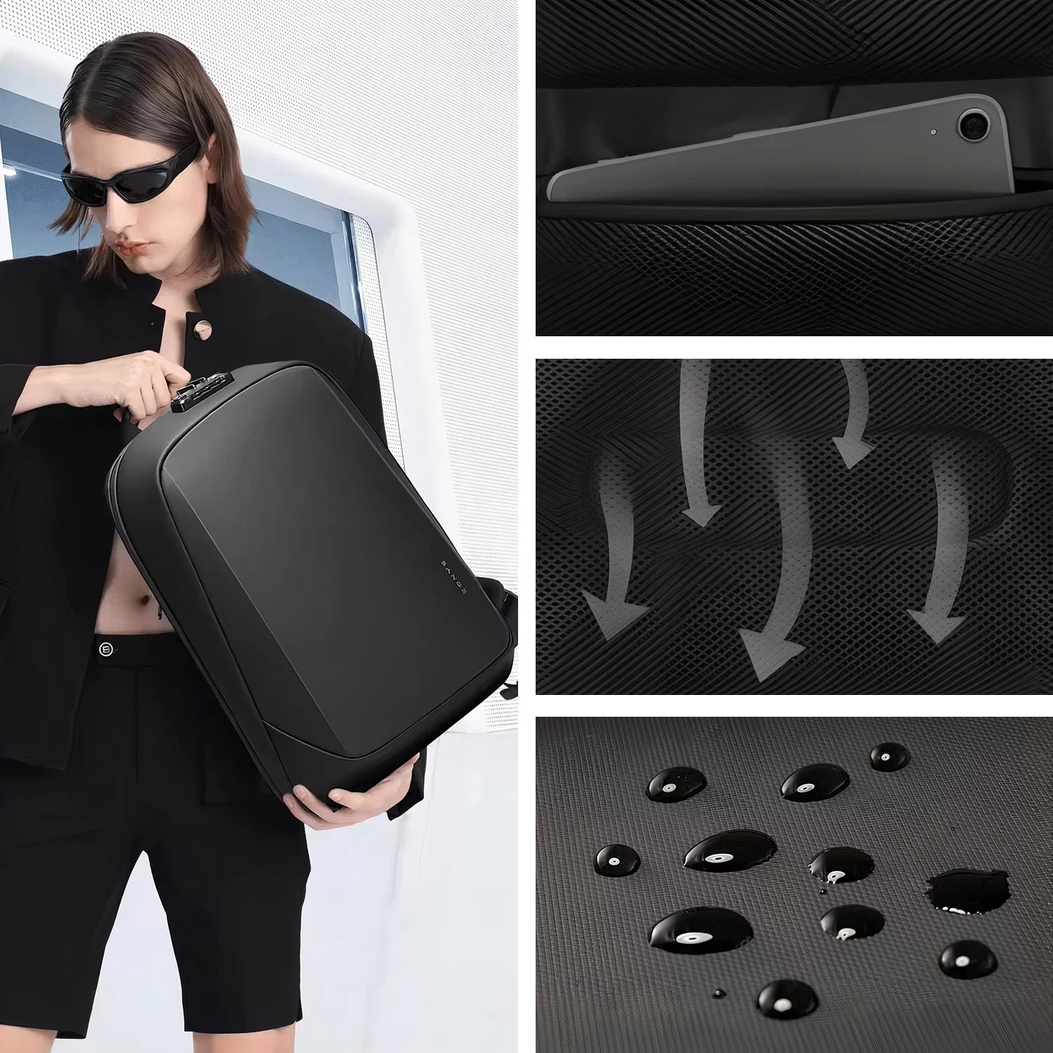 Rucsac waterproof Bange 15.6", 47x12.5x30cm, negru, capacitate 18 litri, sistem antifurt cu inchidere TSA