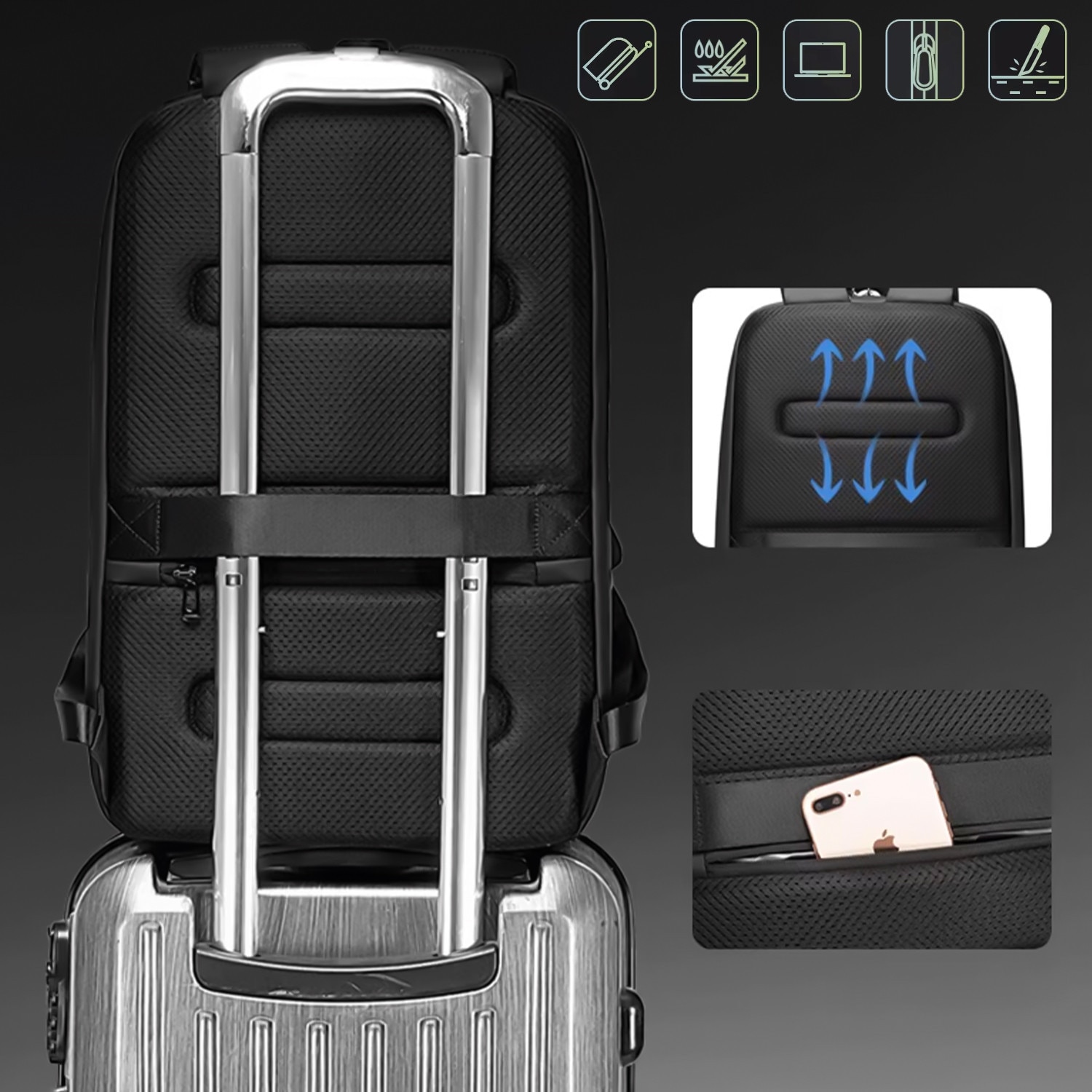 Rucsac waterproof Bange 15.6", 47x12.5x30cm, negru, capacitate 18 litri, sistem antifurt cu inchidere TSA