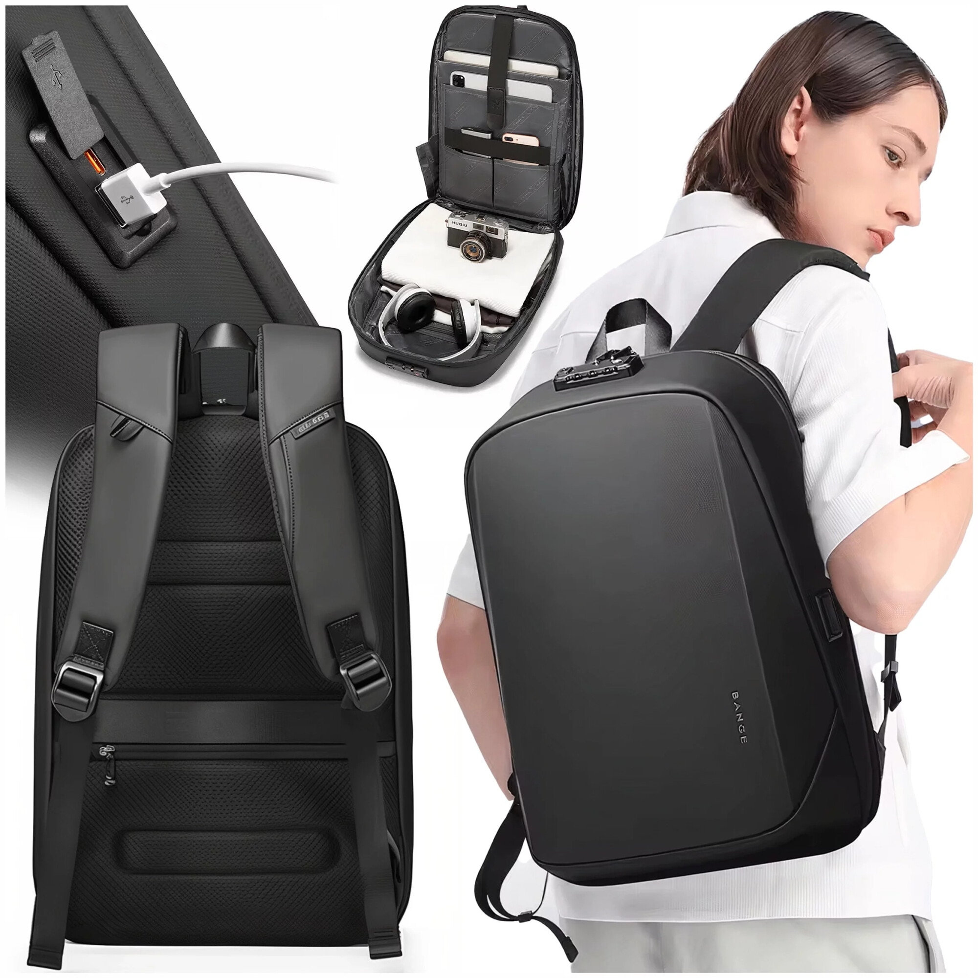 Rucsac waterproof Bange 15.6", 47x12.5x30cm, negru, capacitate 18 litri, sistem antifurt cu inchidere TSA