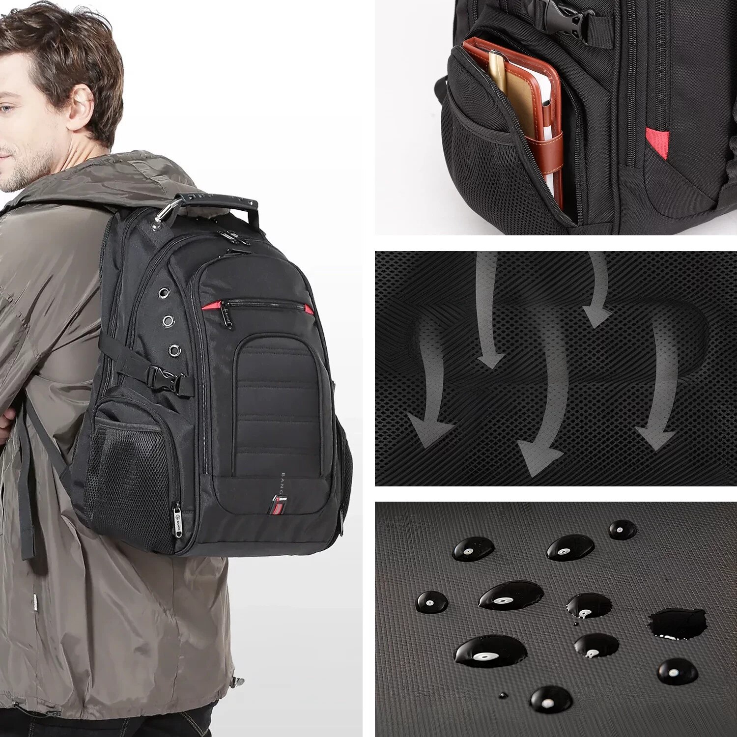 Rucsac waterproof Bange, pentru laptop 15", 48x35x23 cm, 35 litri, negru, cu sistem de incarcare USB