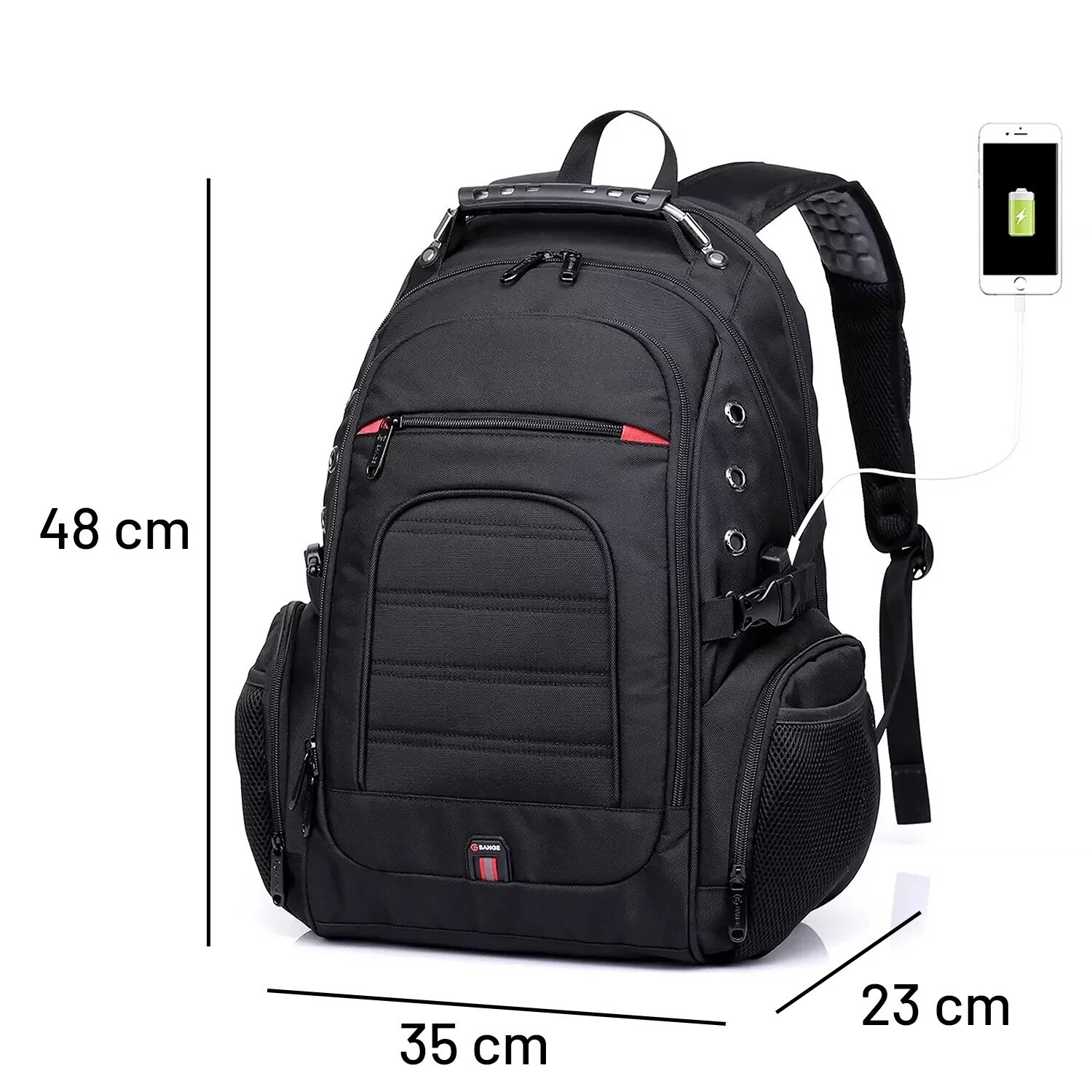 Rucsac waterproof Bange, pentru laptop 15", 48x35x23 cm, 35 litri, negru, cu sistem de incarcare USB
