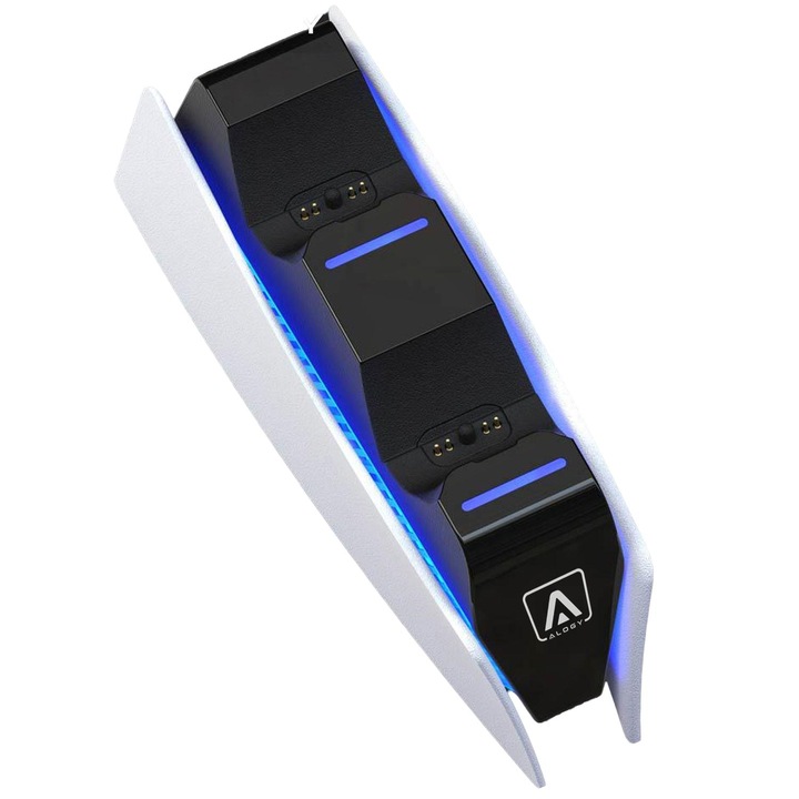 Alogy kettős töltőállomás PlayStation 5 kontrollerekhez, USB-C, LED világítás, 160x55,5x64,2 mm, fehér