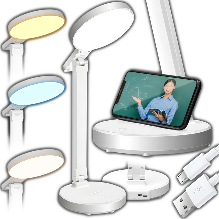 Lampa LED birou, Renew Force, Atingere de control, 3 nivele 3000K-6000K, Utilizarea plug-in-ului Usb, 5W, 28x12cm, Capul luminii poate fi pliat in sus si in jos la 180°, protectie pentru ochi, raft pentru telefon, Alb, BL-1212