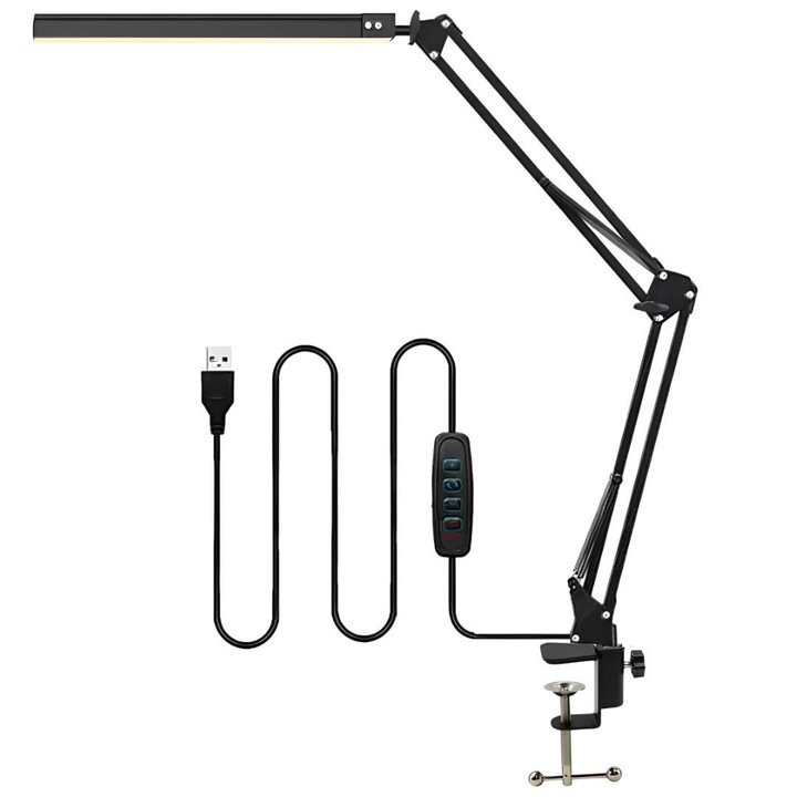 Lampa de birou LED, AHA PRINT®, Protectie pentru Ochi, pentru Munca & Citit, Veioza cu 3 Tipuri de Lumina, 10 Nivele de Intensitate, Functie de Memorare, Lampa de Veghe, Prindere de Masa & Birou, 60 Leduri, 14W, Negru