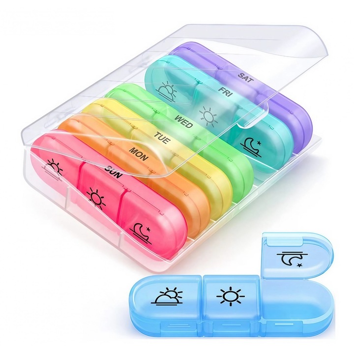 Cutie Depozitare Medicamente, 7 Zile, 21 Compartimente, Cutie Suport, Recipiente Detasabile, Portabila, Multicolor, Cutie Transparenta, 15.6x12 cm
