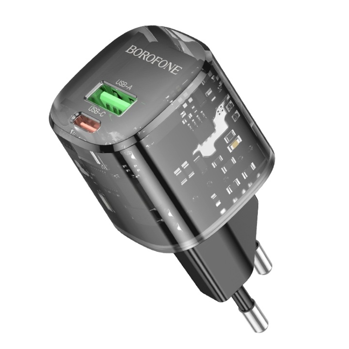 Borofone „BN17” hálózati töltő, Quick Charge 20W, 1 x USB, 1 x USB Type-C, átlátszó