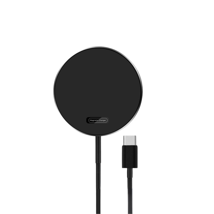 Incarcator Wireless Ronic X, Tehnologie Magsafe, Incarcare Rapida 15W Fast-Charging, USB-C, Dimensiuni Compacte Ultra Subtire 5.6x5.6x0.5 cm, Compatibil iPhone 16/15/14/13/12, Pro Max, AirPods Pro, Samsung, Huawei, LG, Xiaomi, negru
