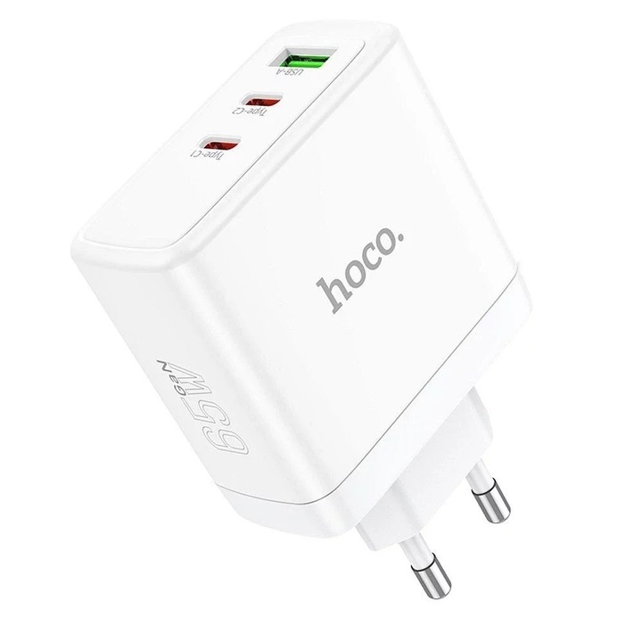 Incarcator rapid Hoco 2x USB-C + USB-A 65W GaN, alb, 97x62x30mm