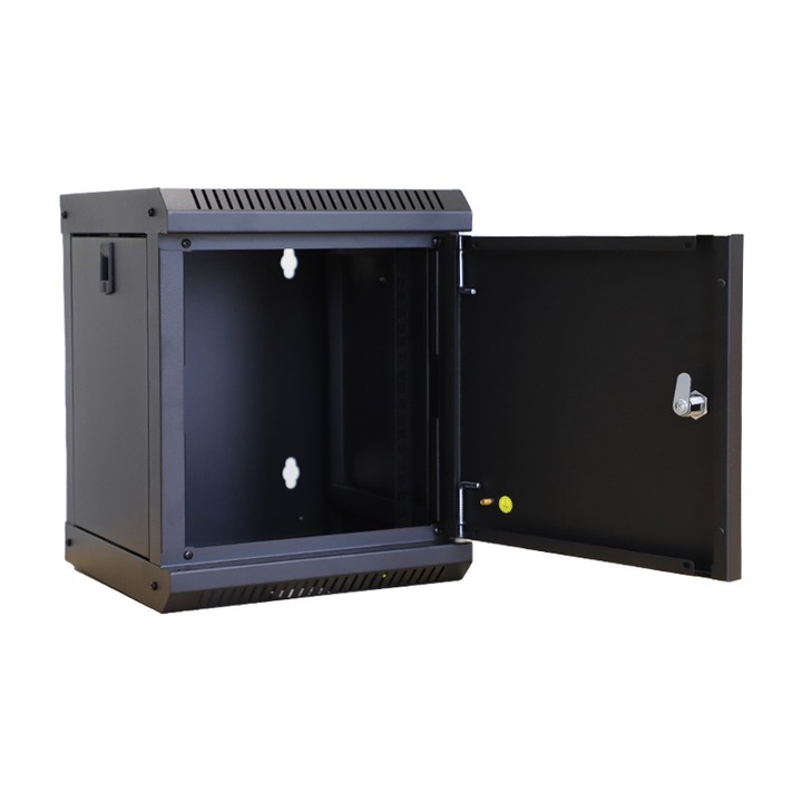 Fém szekrény Rack 10", 6U, fekete, 310mm, fém ajtókkal, aktív szellőztetéssel