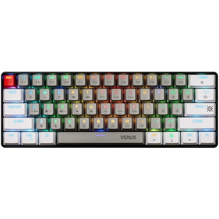 Tastatura mecanica Defender Venus GK-415, 3 moduri de conectare, iluminare RGB, gri/alb, 61 taste