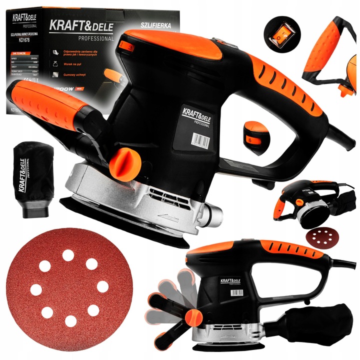 Mimosrúd csiszoló KRAFT&DELE KD1678, 1200W, 4000-14000 fordulat/perc, 125mm, csiszolópapírral és porzsákkal