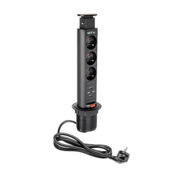 Прибиращ се кръгъл вграден контакт, диаметър 60 mm, GTV, 3 контакта Schuko, 2 USB порта 5V, 2.1 A, кабел 1.5 m, IP20, макс. натоварване 3600 W, черен