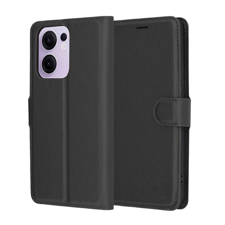 Кейс за Oppo Reno 13F 13FS 4G 5G тип карта с магнитно закопчаване, слотове за карти и функция стойка Черен
