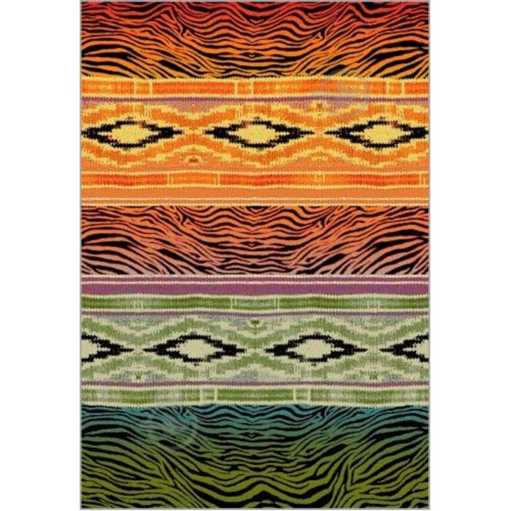 Covor Model Covorexpert Ethnic 11330-130, Marime 67 x 130 cm, Portocaliu, Verde, Lungime Fir 10 mm, Antialergic, Polipropilena, Living, Dormitor, Sufragerie, Birou