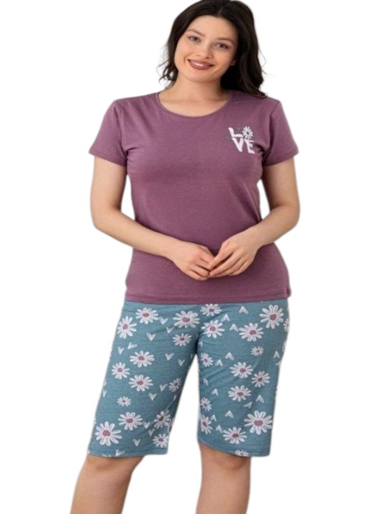 Дамска памучна пижама StarFashion, блуза с къс ръкав и панталон, Лилав