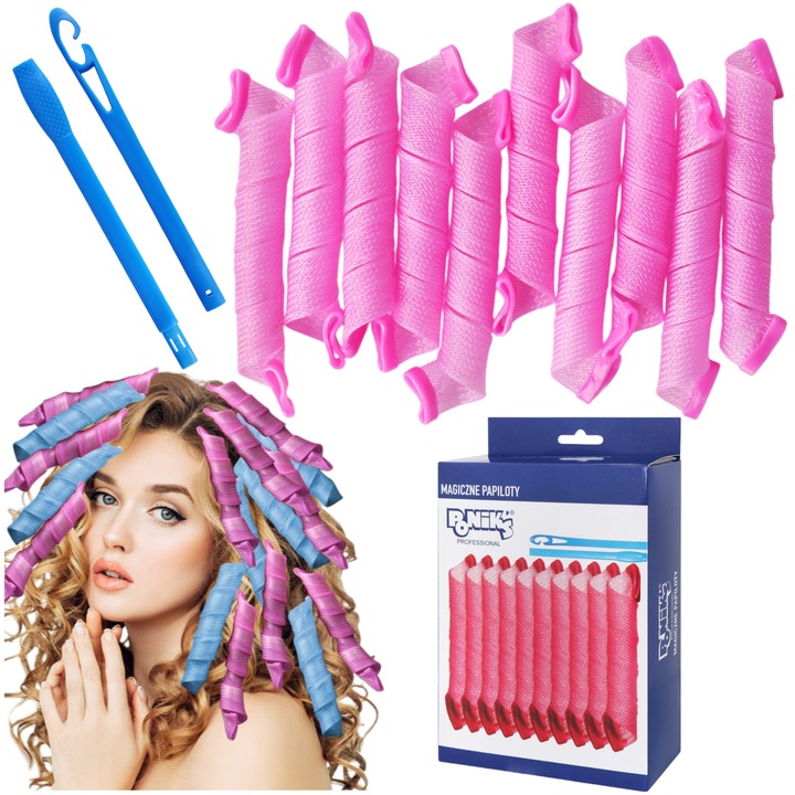 Set Bigudiuri Profesionale Pentru Par, Ponik'S, Elastice, Rezistente La Actiunea Substantelor Chimice De Coafura, Profesionale, Flexibile, Cilindrice, Diametru 20 mm, Lungime 31 cm, Roz, 10 Buc