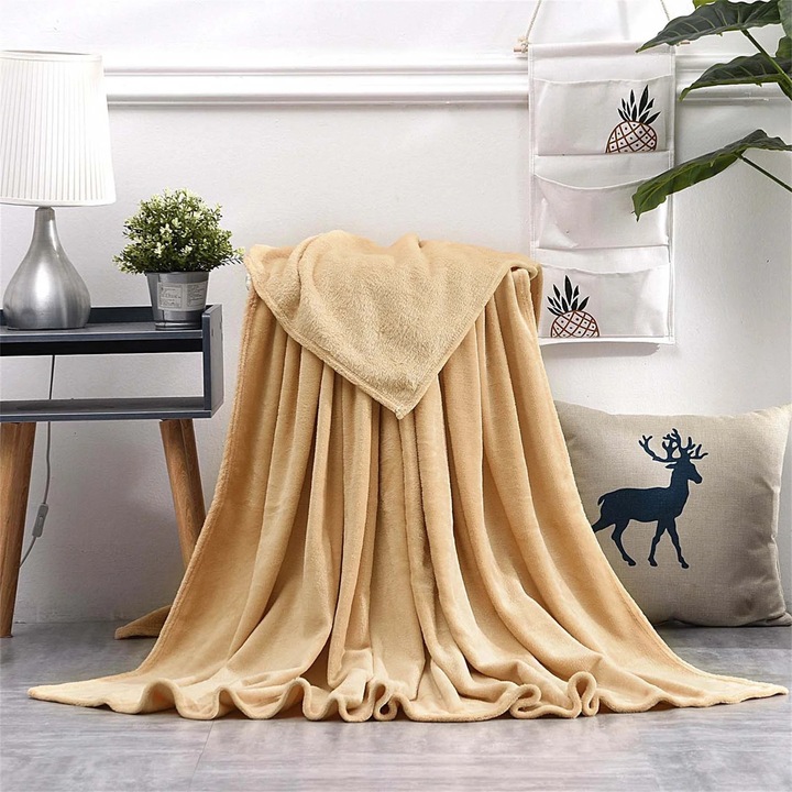 Patura ZYBLSSBB LSM20-BCS0415881, microplus flanel foarte moale, 130 x 150 cm, bej