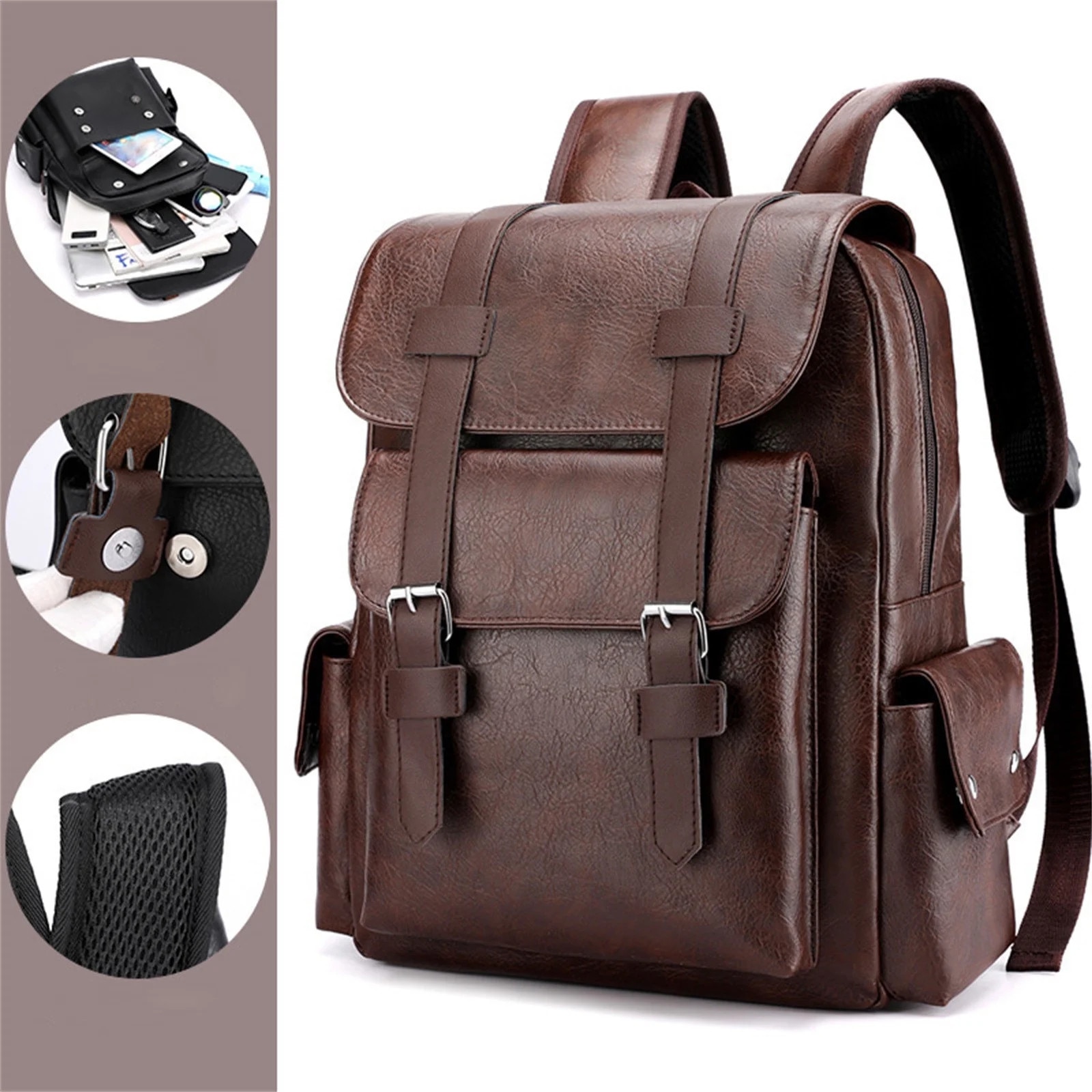Rucsac din piele pentru laptop, 15.6 inch, maro, pentru birou si calatorii, capacitate mare