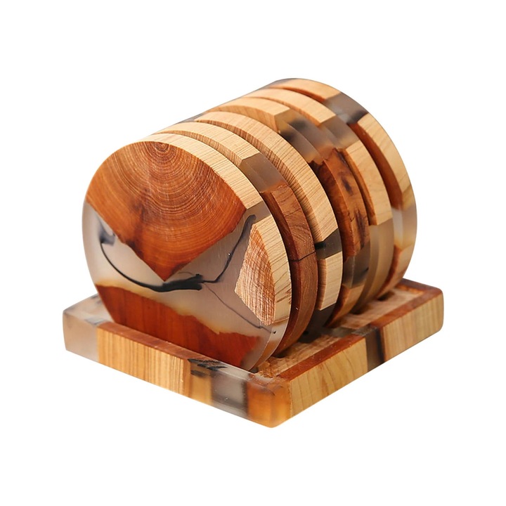 YANYXR BCS2900563 6 darabos poháralátét készlet, fából és gyantából, többszínű, O 8 x 0.8 cm, tartóval