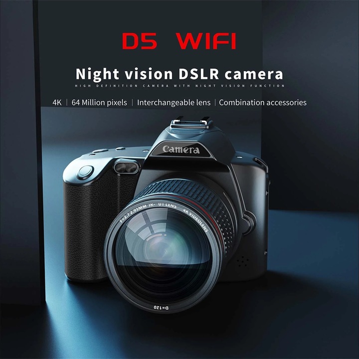 Kamera 4K YANYXR D5WIFI, 3 hüvelykes IPS kijelző, 64MP, fekete, 120°
