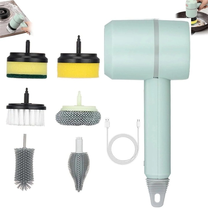 Perie electrica de curatare 360° rotativa, alba, cu 6 capete de perie