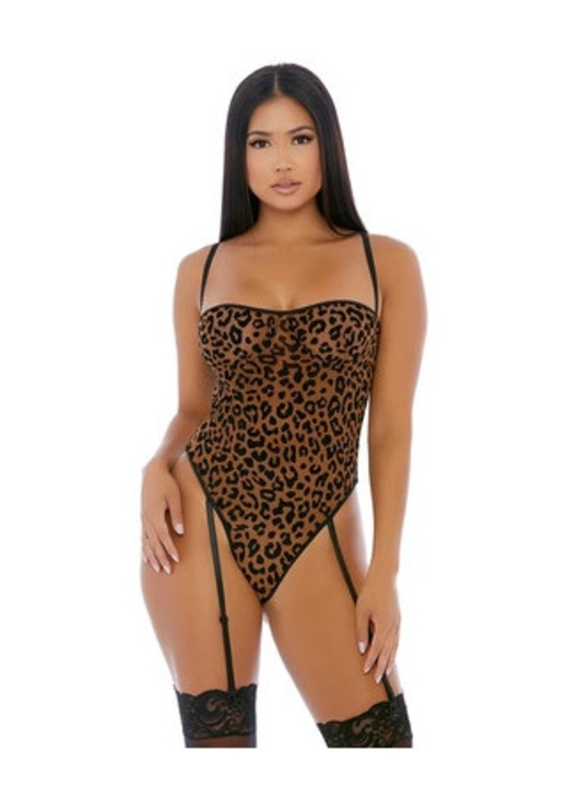 Szexi ForPlay body, gepárdmintás, béleletlen kosarak, fekete, hálós, XL INTL