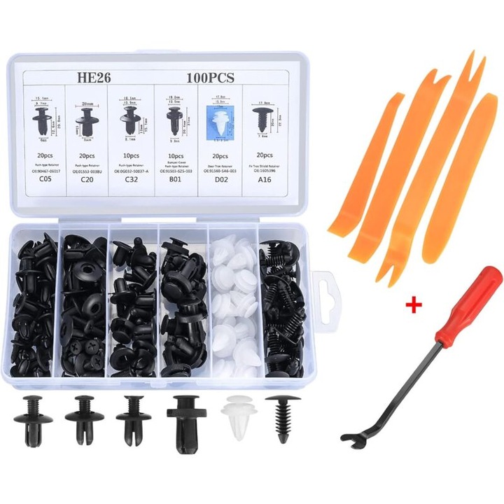 Pachet de 100 de cleme universale din plastic pentru aripa auto