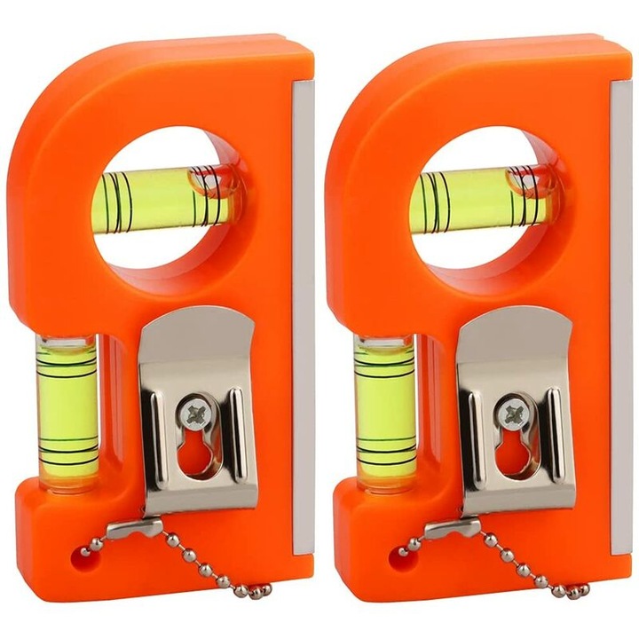 Nivel cu bula magnetic mini, nivel de buzunar din aluminiu si ABS, masurare orizontala si verticala, cu magnet si clema pentru cheie, Portocaliu, 2 bucati, 85x46x20 mm