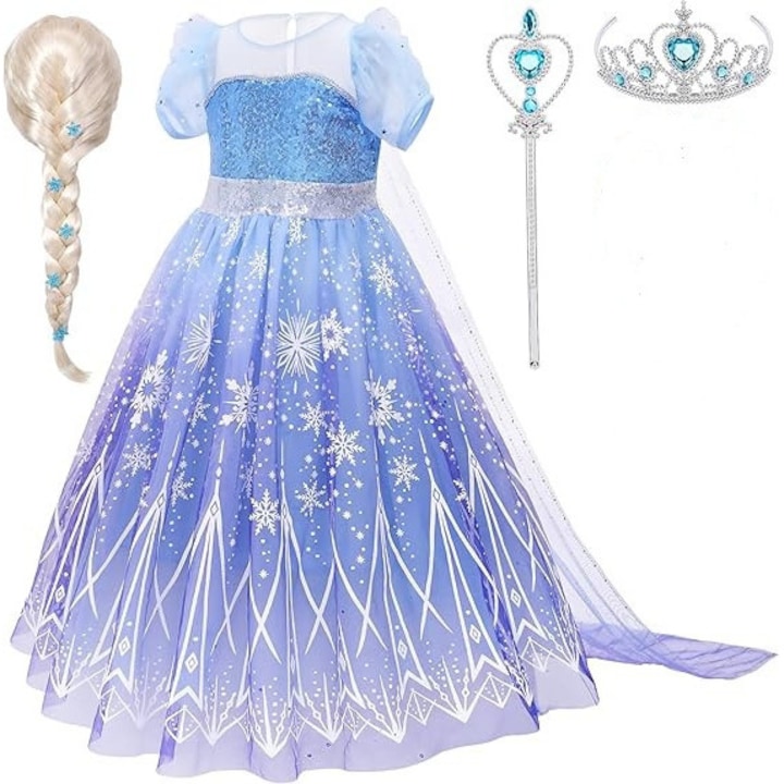 Costum fete Elsa Frozen, rochie cu pelerina, peruca, coronita si bagheta, 3-4 ani, Funny Party Shop®