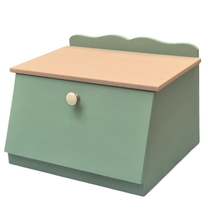 Cutie din lemn pentru paine, produse de patiserie, pictata manual, verde si crem, 37 cm x 25 cm x 21 cm