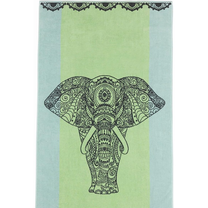 Плажна кърпа, хавлиен памук/велур, Elephant, Green, 610g, 90 x 180 cm
